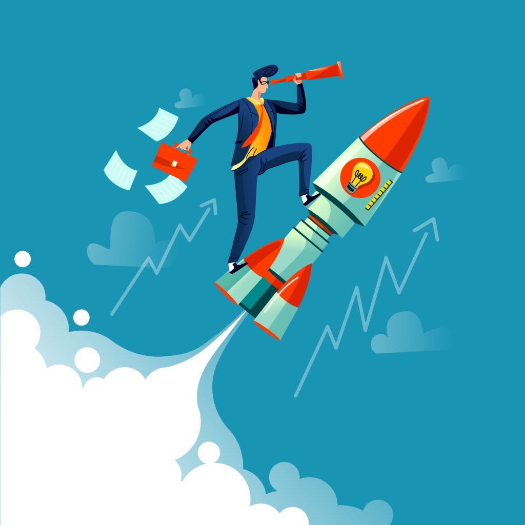 Businessman flying on rocket on background of sky, clouds and growth arrows