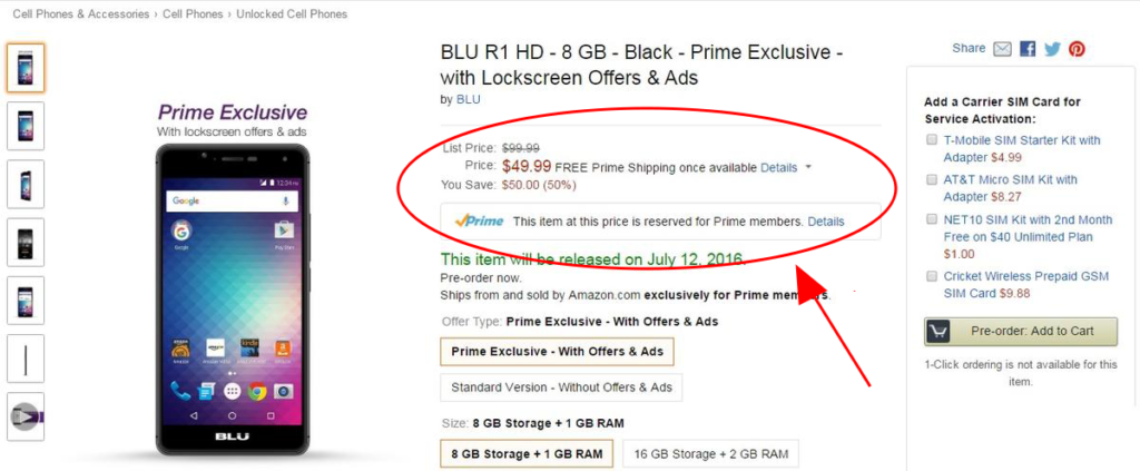Strona produktu na Amazon z zaznaczoną ceną i sekcją Amazon Prime