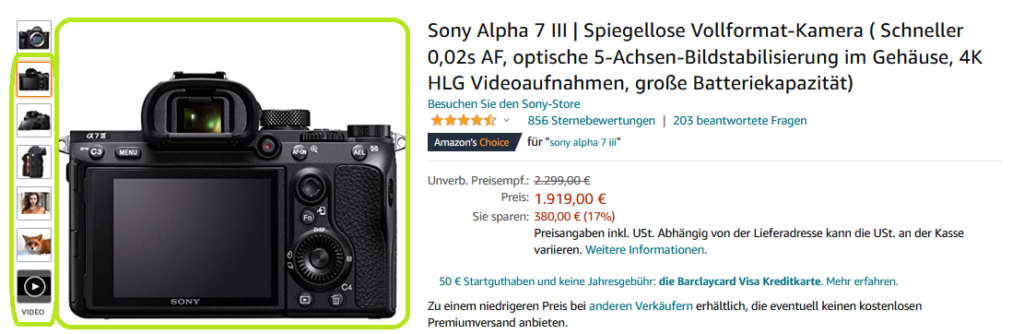 Produktbilder Amazon alternatives Bild der Sony Alpha 7M3 Kamera mit Kameradisplay