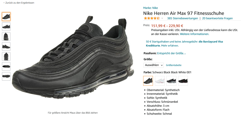 Produktfotos Amazon Herren Laufschuhe von Nike, Modell Air Max 97