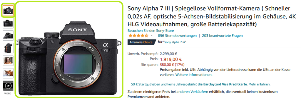 Produktbilder Amazon Hauptbild der Kamera Sony Alpha 7M3 - nur Gehäuse