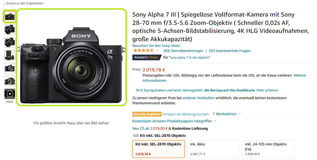 Amazon Produktfotos Elternbild der Sony Alpha 7M3 Kamera mit SEL-2870 Objektiv