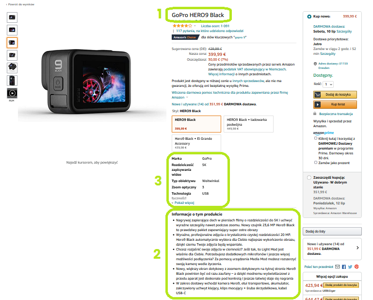 Amazon SEO strona produktu na Amazonie podkreślone tytuł cechy i najważniejsze informacje
