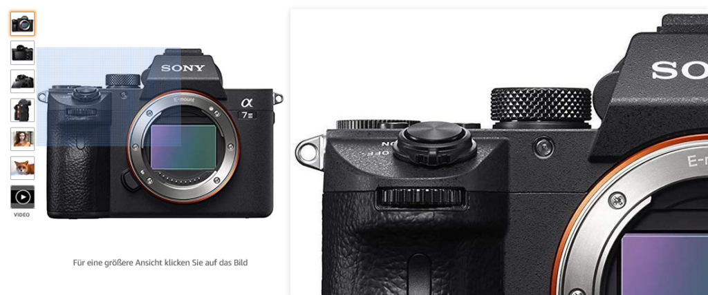 Amazon Produktfotos der Sony Alpha 7M3 Kamera, die Details aus der Nähe zeigen.