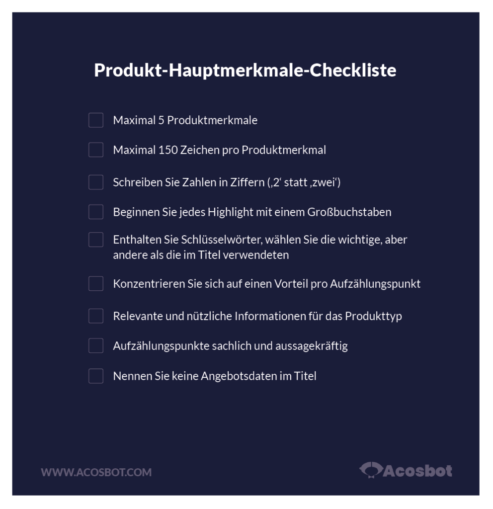 Amazon Produktbeschreibung - Hauptmerkmale Checkliste