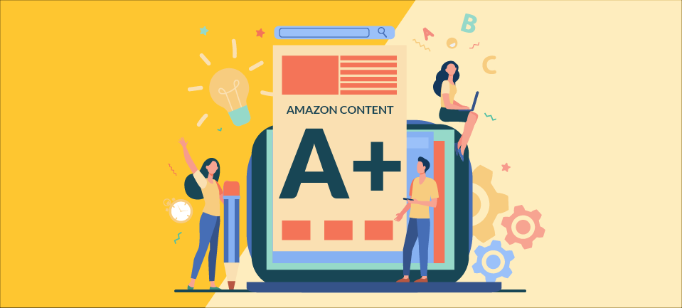 Grafik mit Illustrationen von A+-Inhalten auf Amazon und den an ihrer Erstellung und Bearbeitung beteiligten Personen