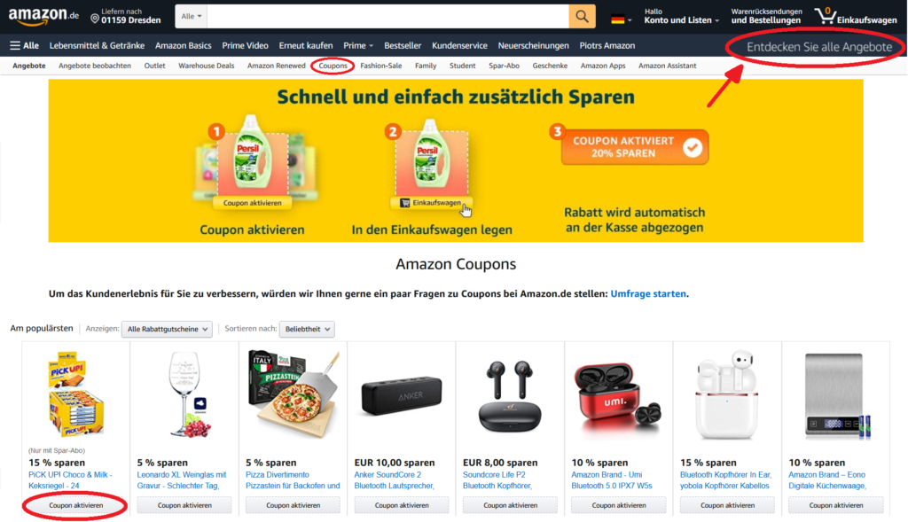 Amazon Webseite Angebotreiter