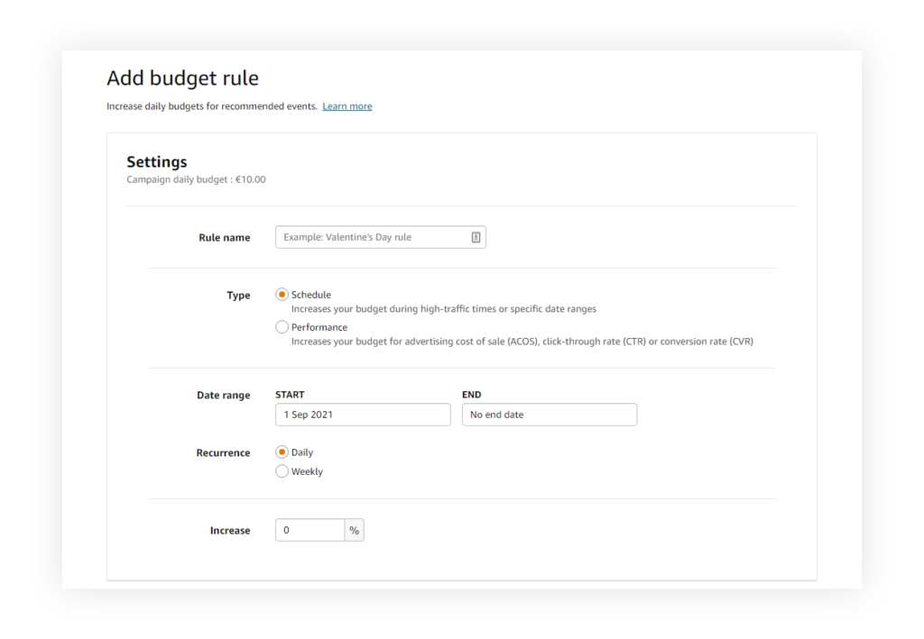 Screenshot z panelu Amazon Advertising przedstawiający reguły budżetowania - schedule