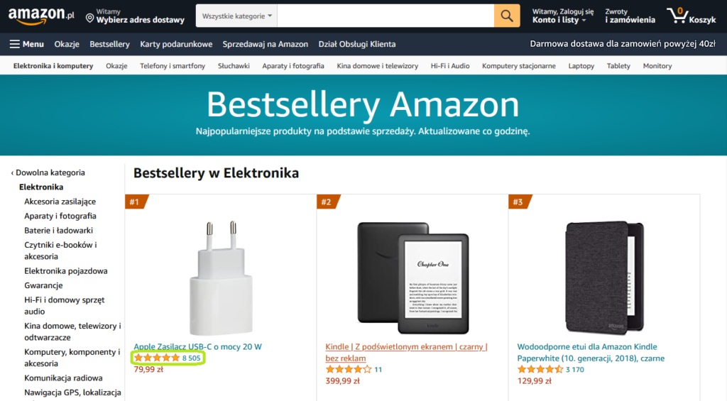 wyświetlanie opinii na Amazonie - kategoria bestsellerów