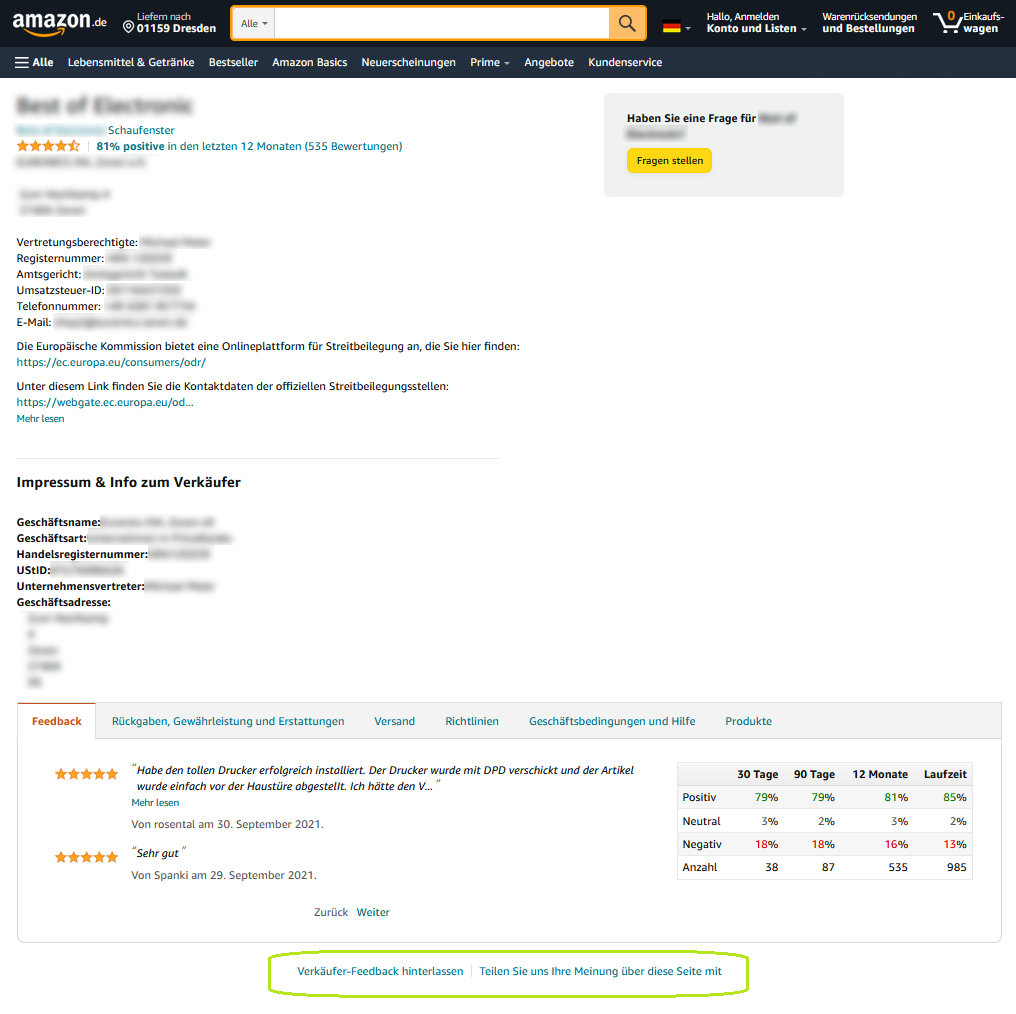Amazon Verkäuferseite - Beispiel