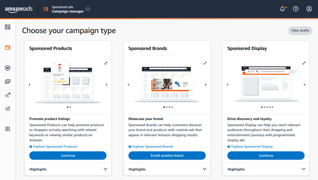 Menu w panelu Amazon Ads z trzema typami reklamy Amazon do wyboru - Sponsored Products Brands i Display