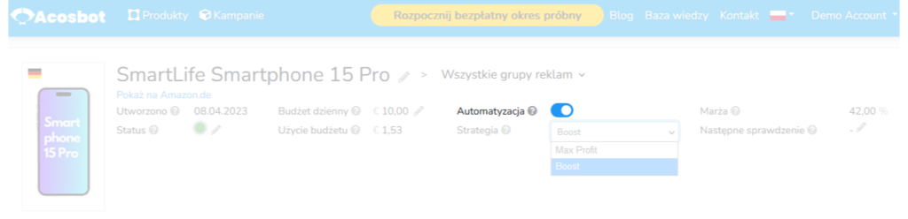 Widok szczegółowy kampanii i włączanie automatyzacji reklamy Amazon PPC