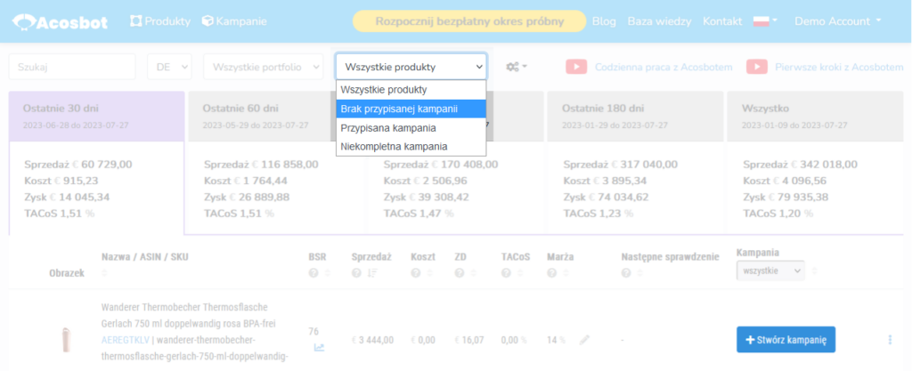 Zakładka Produkty w panelu Acosbot pokazująca filtrowanie produktów bez przypisanej kampanii reklamowej Amazon