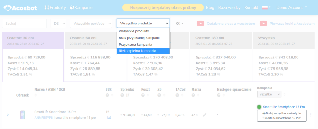 Zakładka Produkty w panelu Acosbot pokazująca filtrowanie produktów z niekompletną kampanią Amazon
