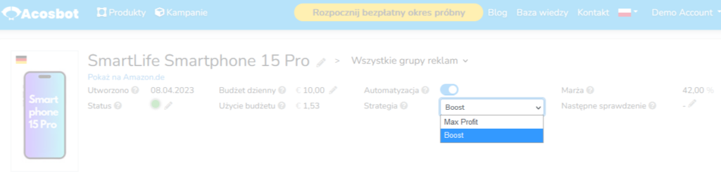 Widok szczegółowy kampanii w Acosbot z rozwiniętą listą strategii automatyzacji reklamy Amazon PPC