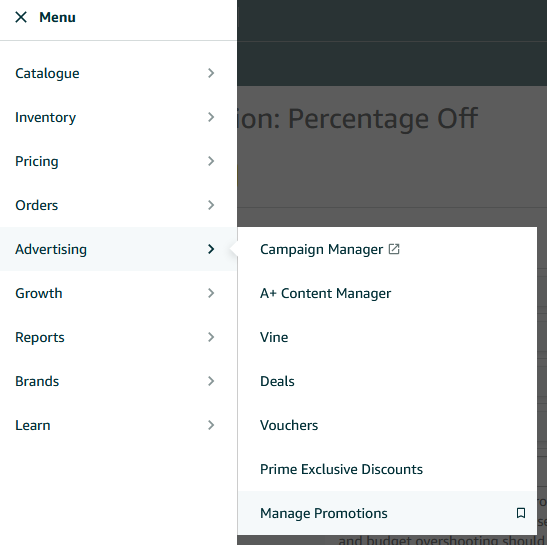 Menu w Amazon Seller Cental z linkiem do zarządzania promocjami