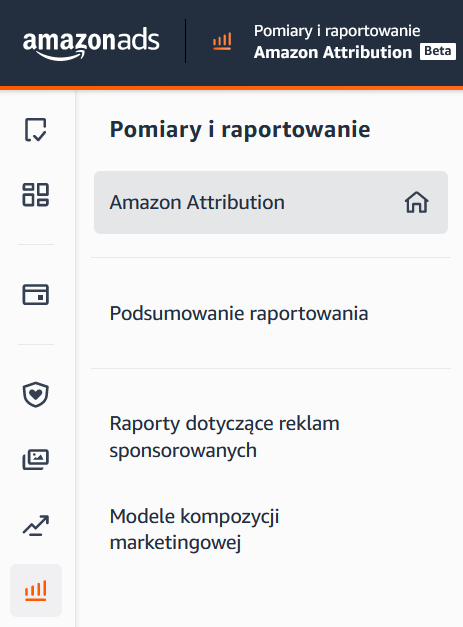 Menu w panelu Amazon Ads z linkiem do Amazon Attribution