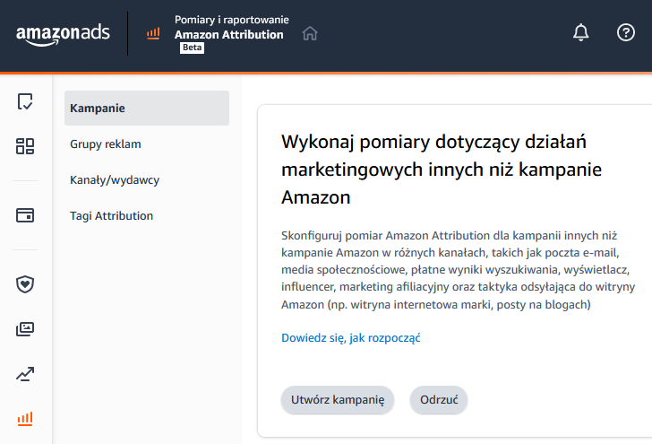 Okno w panelu Amazon Ads z konfiguracją Amazon Attribution