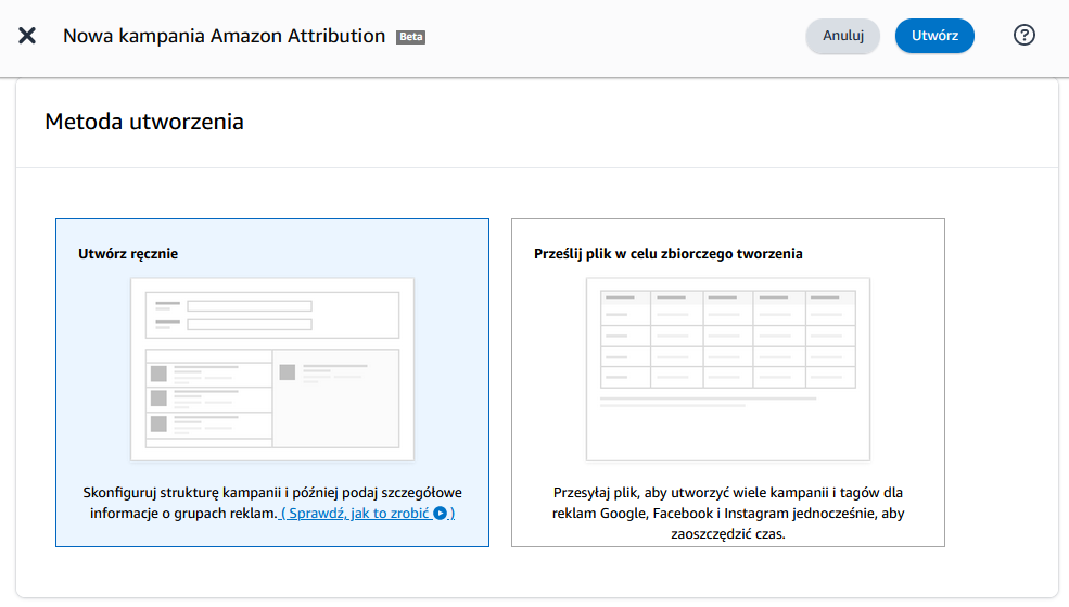 Okno tworzenia nowej kampanii Amazon Attribution w panelu Amazon Ads