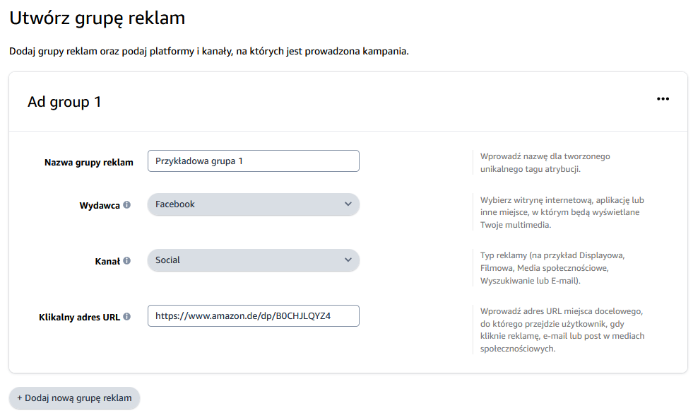 Okno tworzenia nowej grupy reklam Amazon Attribution w panelu Amazon Ads