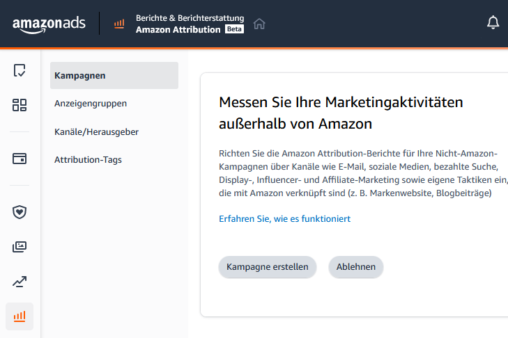 Amazon Ads Dashboard-Fenster mit Amazon Attribution-Konfiguration