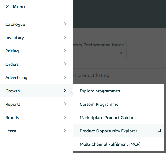 Menu w Seller Central i wybrany link do Product Opportunity Explorer