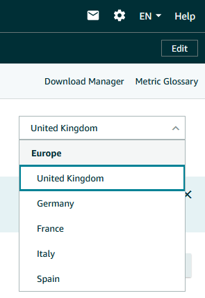 Wybór kraju w panelu Amazon Brand Analytics