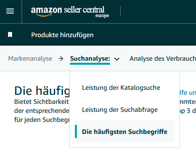 Amazon Seller Central's Markenanalyse-Dashboard und Link zu den Top-Suchbegriffen