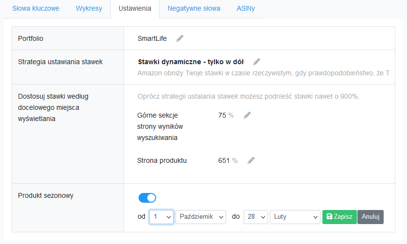 Okno ustawień kampanii Amazon PPC w panelu Acosbot 