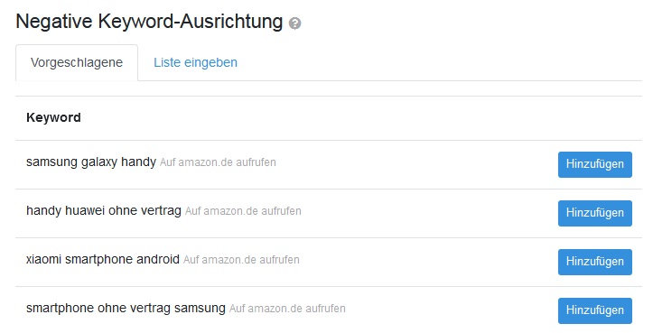Liste der vorgeschlagenen negativen Keywords für Amazon Ads Kampagnen im Acosbot Dashboard