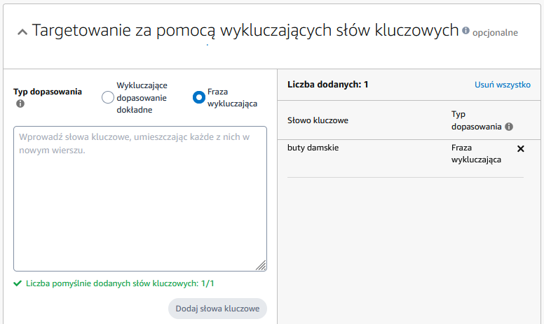 Okno targetowania reklam Amazon PPC za pomocą wykluczających słów kluczowych w panelu reklamowym Amazon Ads