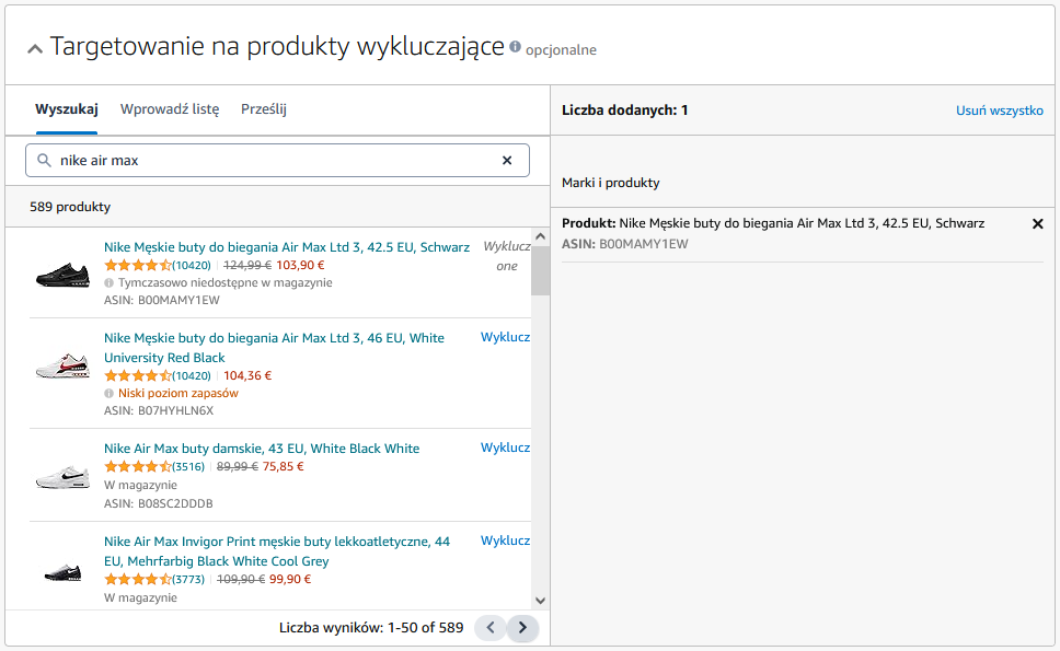 Okno targetowania reklam Amazon PPC za pomocą wykluczających produktów w panelu reklamowym Amazon Ads