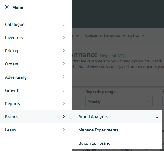 Menu w Amazon Seller Central z wybranym linkie do analityki marki
