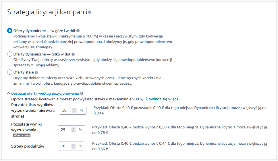 Okno ustawień strategii licytacji kampanii Amazon PPC w panelu Amazon Ads