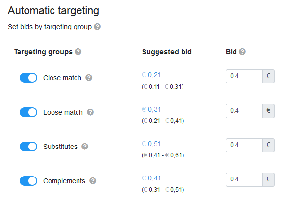 Setting bids for targeting groups in the auto targeting setup window on Acosbot