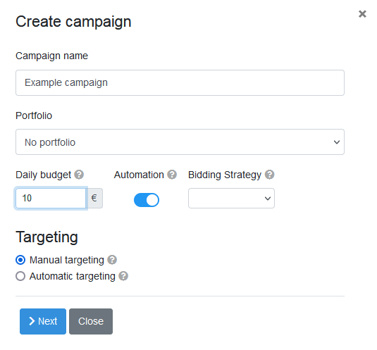 Completing Amazon PPC campaign data in the window for creating a new campaign on Acosbot