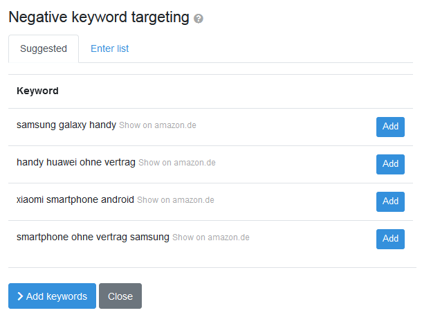 List of suggested negative keywords for Amazon PPC campaigns on Acosbot