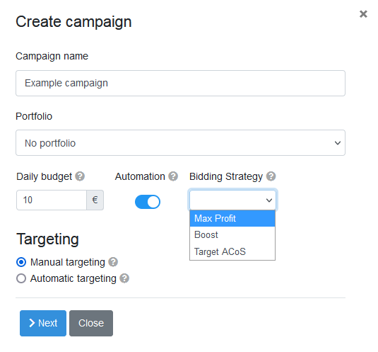 Selecting an ad targeting strategy and type in the window for creating a new Amazon ad on Acosbot