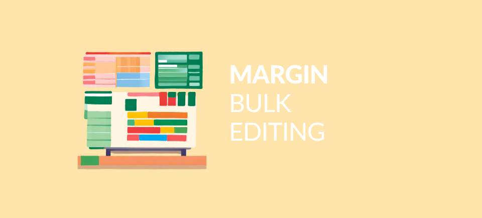 Bulk margin editing illustrated with table and spreadsheet drawings Amazon PPC Ads Acosbot automation dashboard and link click aggregate margin editing Page view bulk margin edit in Amazon Advertising automation panel Window for adding a bulk margin edit file List of imported bulk margin edit files in the Amazon Ads Acosbot automation panel Register of margin changes in the Acosbot panel View of the correct format of the Amazon bulk margin edit file