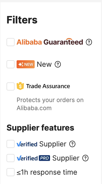 filtering options on alibaba